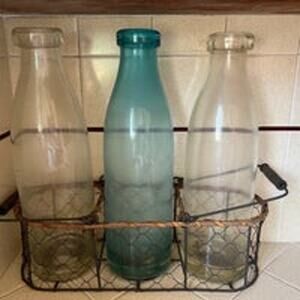 Vintage Glass milk bottles in Wire basket Wooden Handles